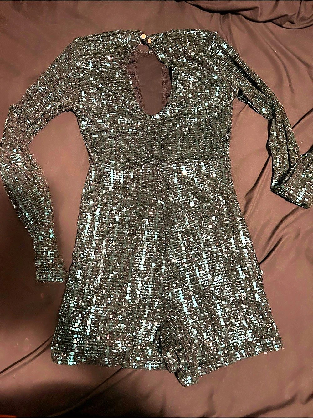 Long Sleeve Sequin Mini Romper in green